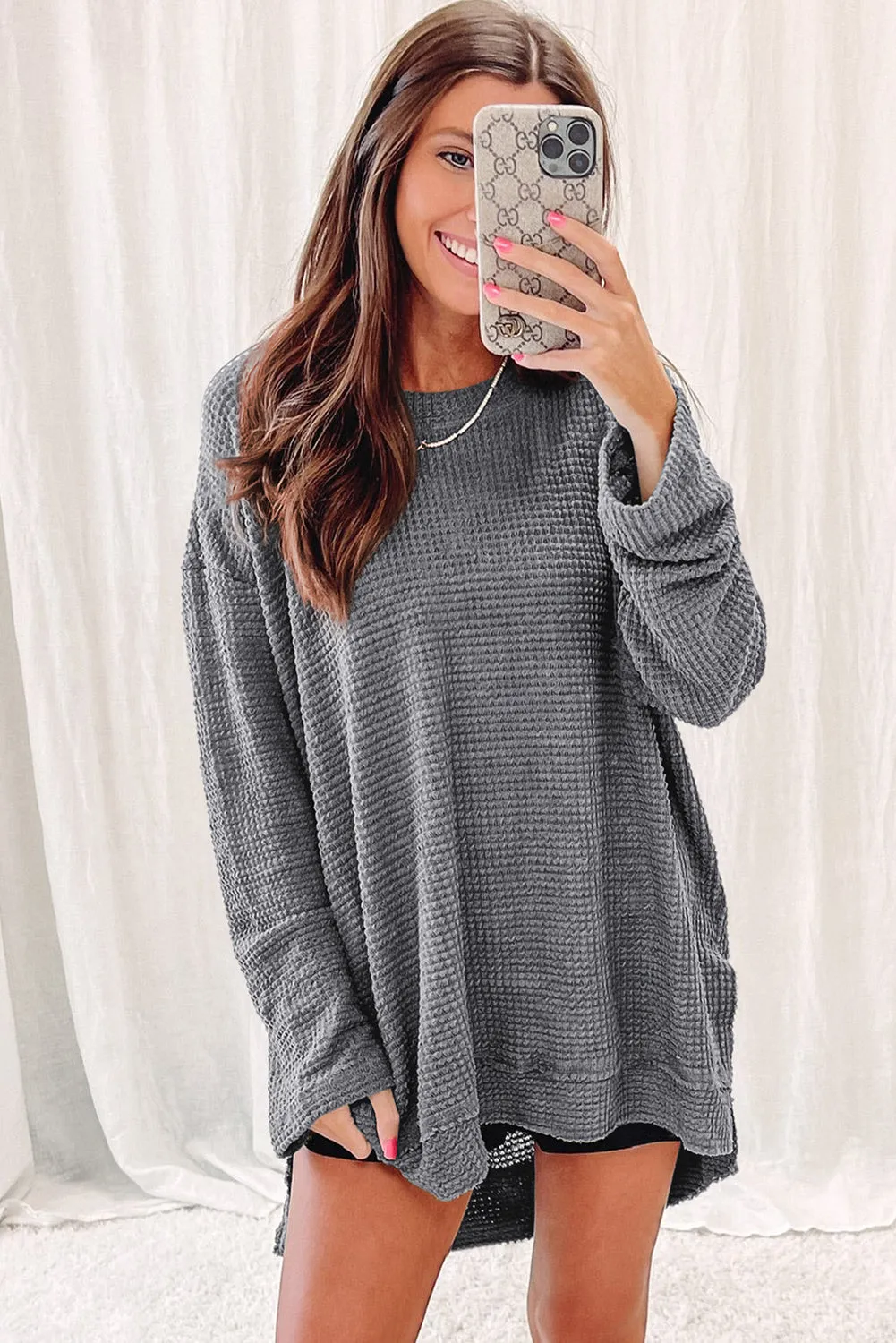 Gray Green Waffle Knit High Slits Oversized Top
