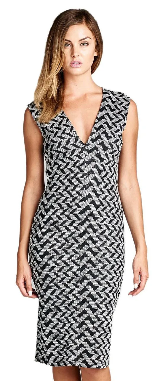 Open Back Midi Dress with V Neckline and Gray Black Print