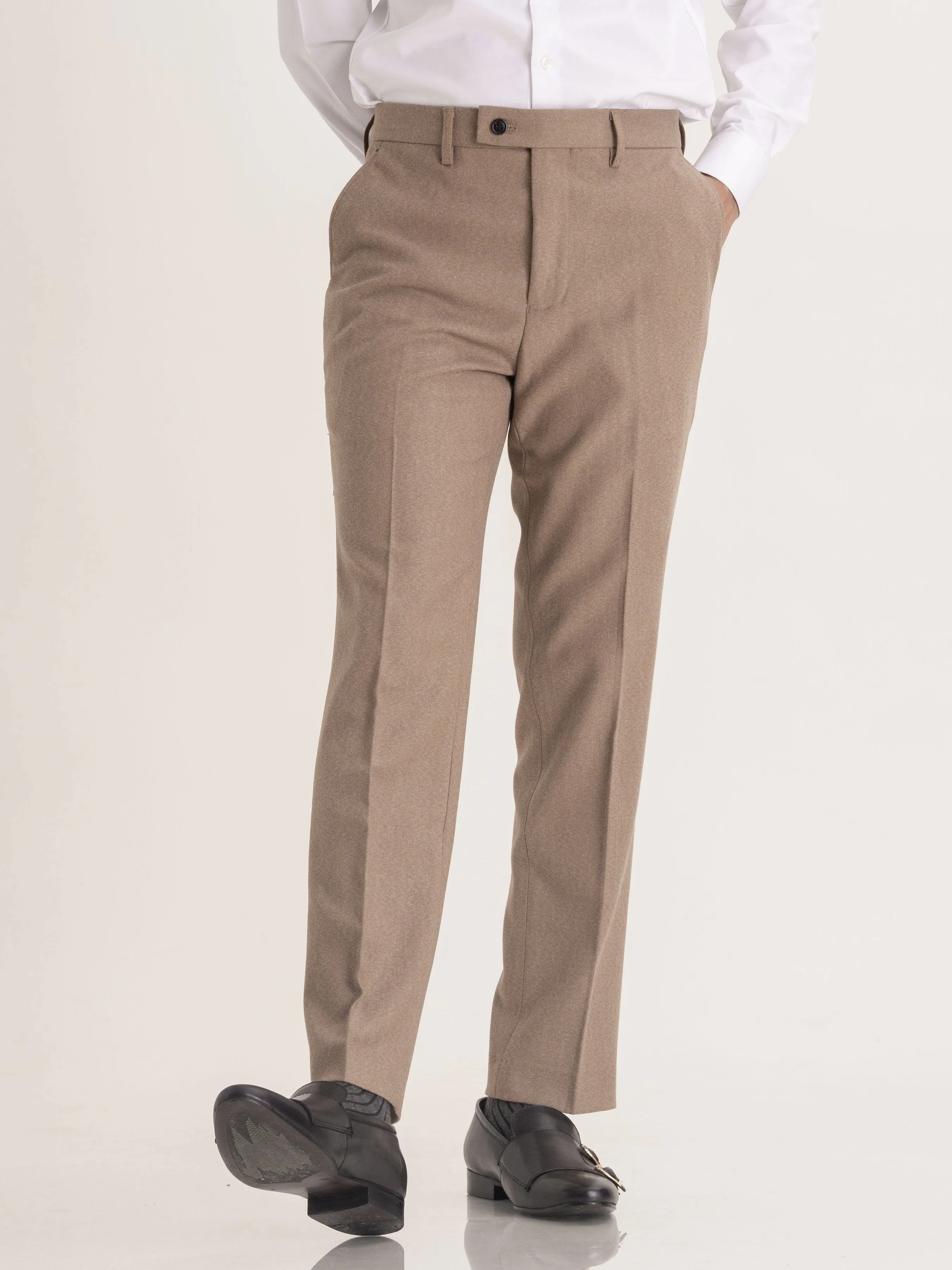 Trousers With Belt Loop - Light Brown Plain (Slim Straight)