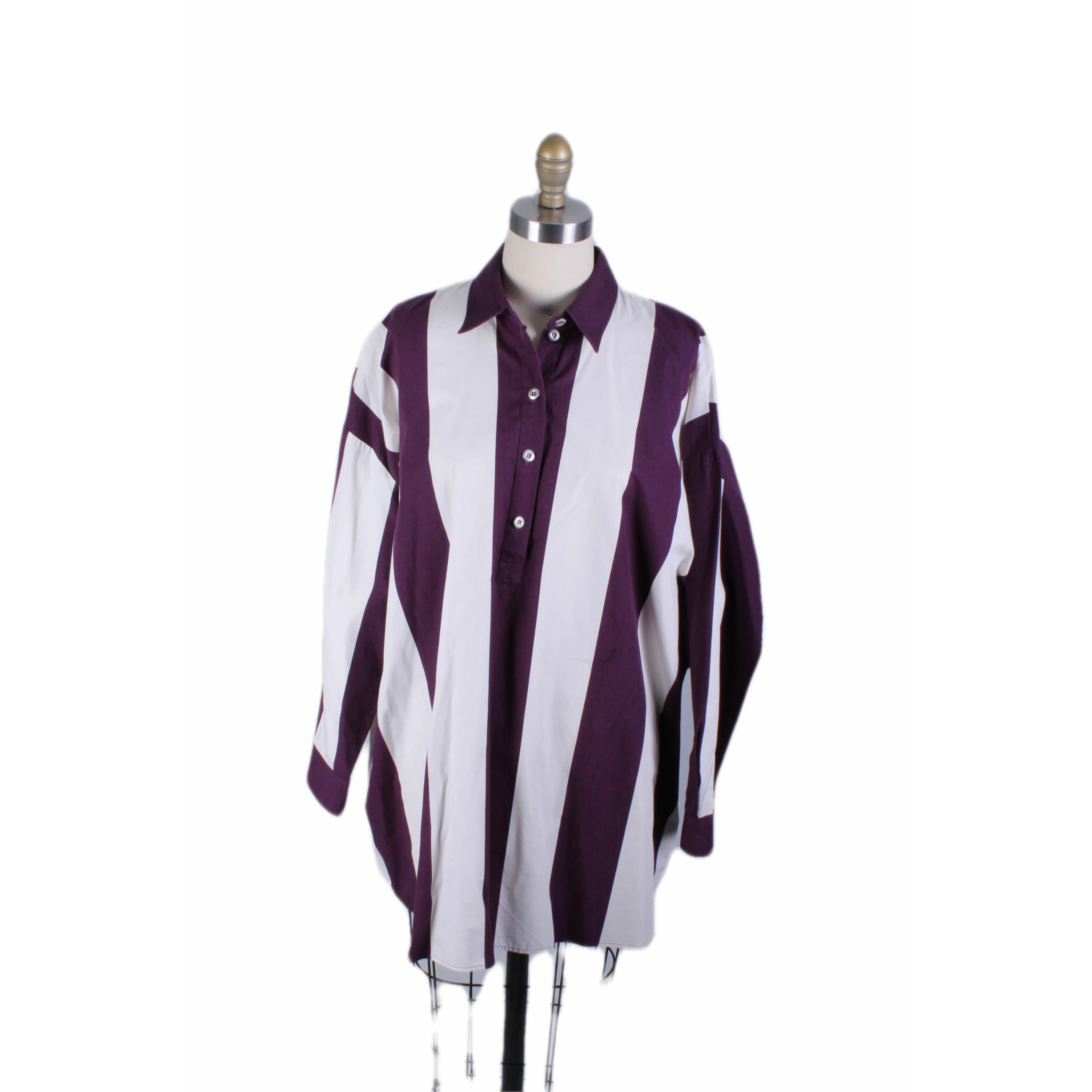 Vintage Marimekko Tunic Top Blouse Womens M Oversized Purple White Awning Stripe