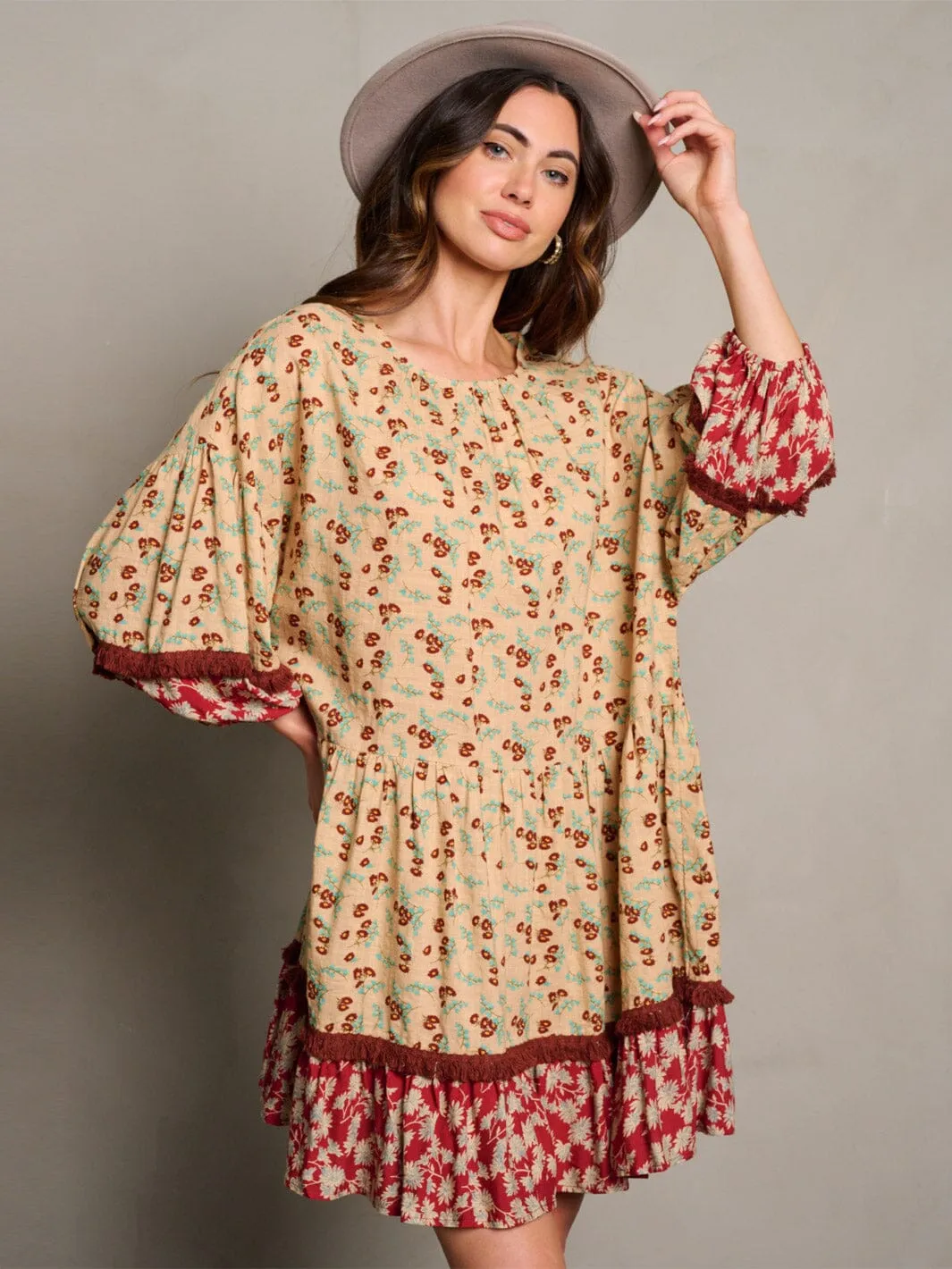 WOMEN'S 3/4 SLEEVE TUNIC FLORAL MINI DRESS