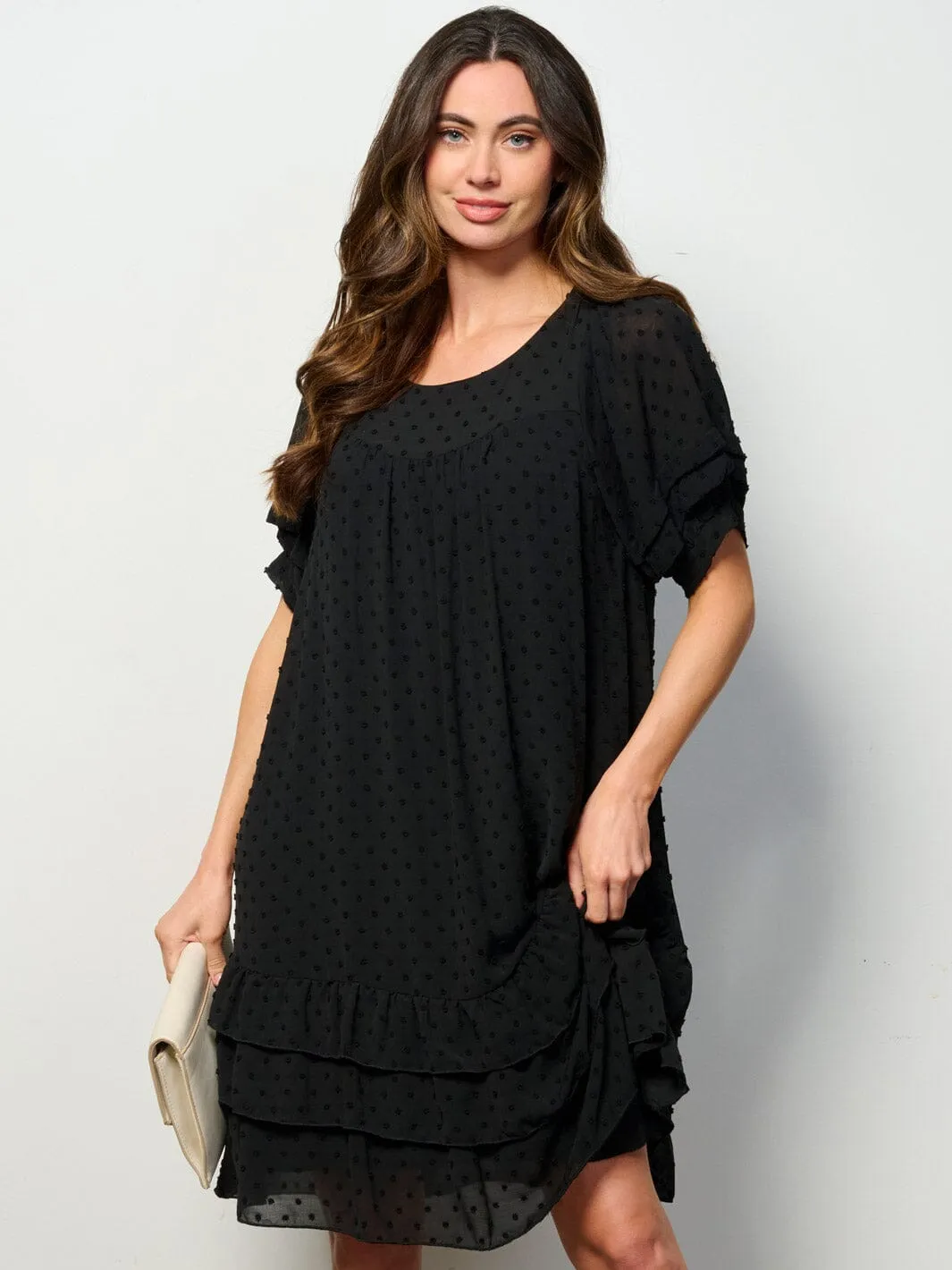 WOMEN'S SHORT SLEEVE RUFFLE TIERED SWISS DOTS TUNIC MINI DRESS