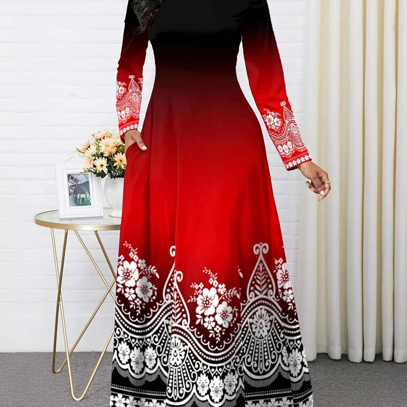 Women's Vintage Floral Round Neck Maxi Dress